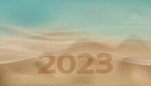 New Year Backdrop Banner Concept With Numbers 2023 On Yellow Sandy Beach With Blue Ocean Wave Form,Vector Top View Seaside Turquoise With Soft Wave And Brown Sand Dune Texture Background