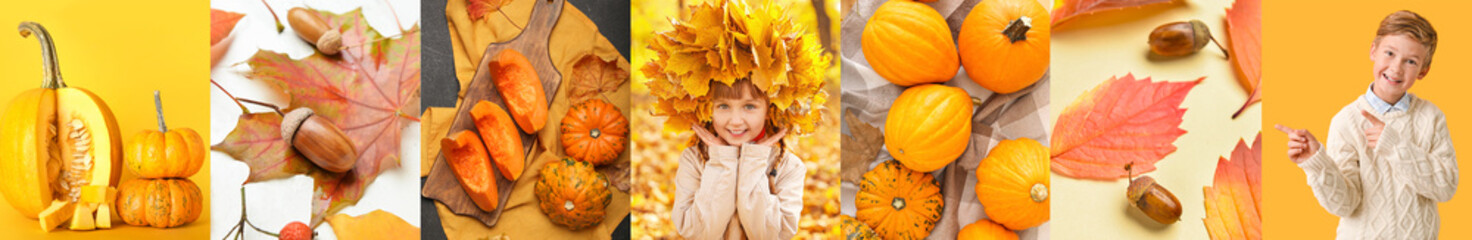 Wall Mural - Autumn collage with little children in warm clothes, with pumpkins and floral decor