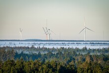Scenic View Of Windmills Behind Green Forests Covered With Fog In Osterild, Thy, Denmark