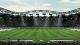 Fototapeta Sport - Empty large football field with flashlights and sunny cloudy sky background. Stadium with filled stands with sports soccer fans.