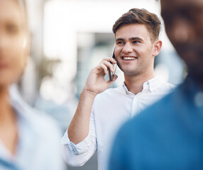 Canvas Print - Phone call, communication and networking with a businessman talking on a call outdoor in the city. Vision, motivation and conversation for growth and development of his startup corporate company