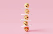 Emoji Emoticons Vertically Arranged With Seesaws, Emotional Control For Career Success And Wellbeing Concept, 3d Render Illustration.