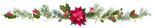 Panoramic View With Red Poinsettia Flower (New Year Star), Pine Branches, Cones, Holly Berry. Horizontal Border For Christmas On White Background. Realistic Illustration In Watercolor Style. Vector