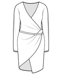 women long sleeve v neck wrap dress with asymmetric hem fashion flat sketch vector illustration. cad mockup.