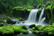 Waterfall Cascades In A Green Forest