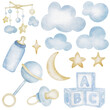 Watercolor Set of baby kids illustration of bottle, cubes, clouds, stars, moon, pacifier, rattle