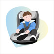 Boy strapped in a child car seat. Baby car seat. Safety in auto. Toddler in blue. Cartoon flat vector illustration.