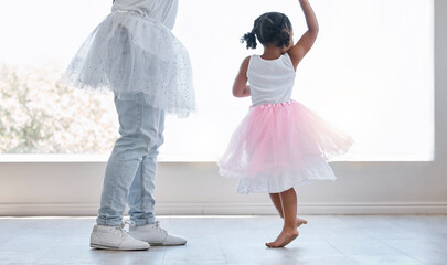 Wall Mural - Dance and love with father and daughter family together in a princess dress for support, childhood and happiness. Care, fun and lifestyle with dad dancing ballet with young child in family home