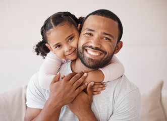 children, family and love with a girl and her father hugging, embracing and bonding together in thei