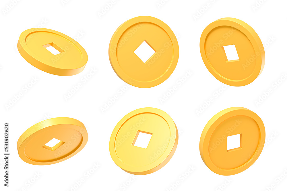 3D Gold Chinese coin set at different rotation angles. Ancient Chinese ...