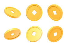 3D Gold Chinese Coin Set At Different Rotation Angles. Ancient Chinese Money. Golden Asian Coins With Hole. All Rotation View. Cartoon Creative Design Icon Isolated On White Background. 3D Rendering