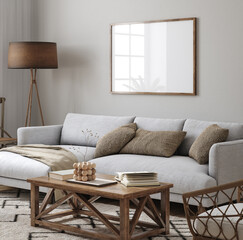 Sticker - Horizontal wooden frame mockup in scandinavian farmhouse living room interior, 3d render