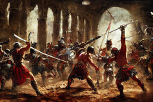 Gladiators Fighting In A Coliseum, Featured In A Historic Painting. Gladiator Arena Lit By The Sun In Ancient Rome. Romans Battling With Swords. Artwork Painting Of Roman Soldiers Armed And Fighting.