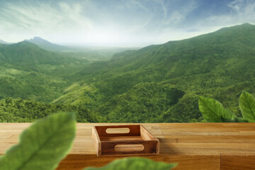 Wall Mural - Desk of free space and green landscape. 