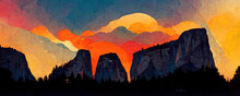 Illustration Of Sunset On Yosemite National Park. Wallpaper Background Of California’s Sierra Nevada Mountains. Digital Artwork Featuring Iconic Vista Of Granite Cliffs