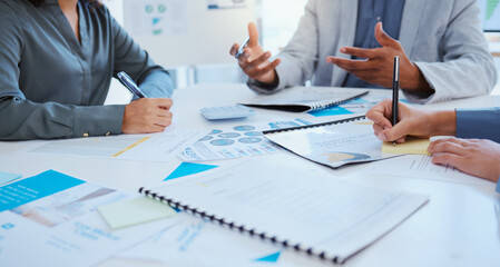 Aufkleber - Team, collaboration and hands of business people planning a proposal strategy for success in negotiation or partnership presentation. Corporate group of people working together in company meeting