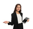 Portrait of hostess with tablet on white background