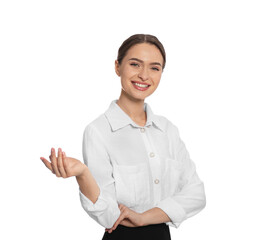 Poster - Portrait of hostess in uniform on white background