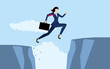 Cartoon illustration of a businesswoman jumps over the ravine