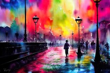 Bright Watercolor Painting With The Expression Of The Night City In Bright Colors