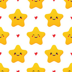 Wall Mural - Cute golden, yellow star characters and red hearts vector seamless pattern background.