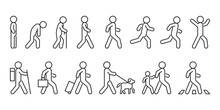 People Walk And Run, Line Icon In Different Posture Side View. Person Various Action Poses Set. Stand, Walk, Run, Travel, Crosswalk, With Dog And Child. Vector Outline Illustration
