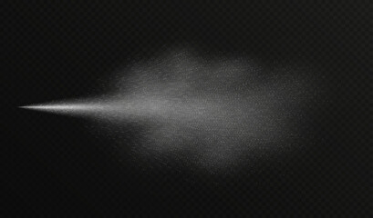 Water spray effect, realistic cosmetic mist, transparent atomizer splash. White fragrance aerosol texture, abstract cosmetic haze isolated on black. Vector illustration.