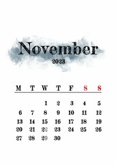 Wall Mural - 2023 November month calendar template minimalistic design