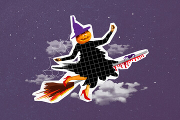 Artwork magazine picture of funny funky witch pumpkin instead of head flying broom isolated drawing background