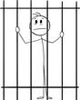 Prisoner Behind or Jail Bars, Vector Cartoon Stick Figure Illustration