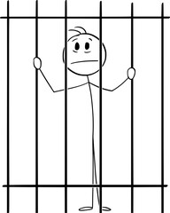 Sticker - Prisoner Behind or Jail Bars, Vector Cartoon Stick Figure Illustration