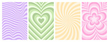 Y2k Backgrounds. Waves, Swirl, Twirl Pattern. Vector Posters With Daisy, Flower, Heart, Lines. Twisted And Distorted Texture In Trendy Retro 2000s Style. Lilac, Pink And Green Color.
