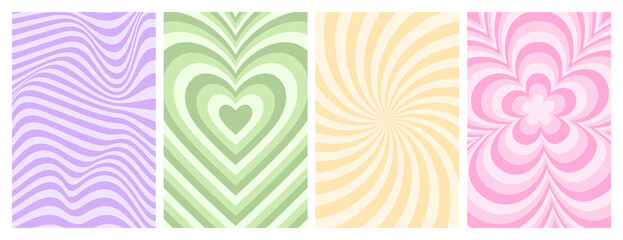Wall Mural - Y2k backgrounds. Waves, swirl, twirl pattern. Vector posters with daisy, flower, heart, lines. Twisted and distorted texture in trendy retro 2000s style. Lilac, pink and green color.
