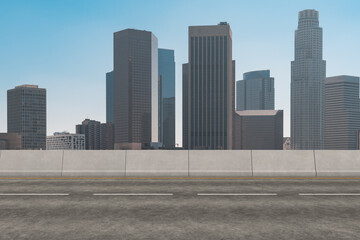 Empty urban asphalt road exterior with city buildings background. New modern highway concrete construction. Concept of way to success. Transportation logistic industry fast delivery. Los Angeles. USA.