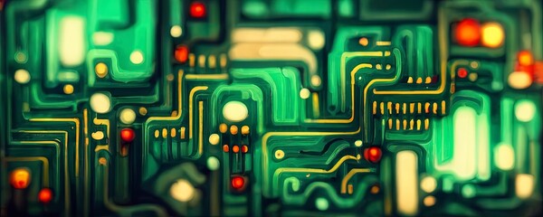 Circuit board background, can be used as digital dynamic wallpaper, technology background. 3D Render abstract background made of array of points and line with green overtones. High resolution.