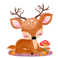 Watercolor Of Reindeer Laying Down With Mushroom Around In Autumn Season 