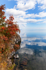 Wall Mural - picturesque autumn landscape of lake baikal and cape shamansky. red rowan bushes on the rocky shore 
