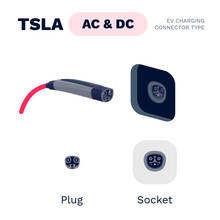 Tsla proprietary AC/DC standard charging connector plug and socket. Electric battery vehicle inlet charger detail. EV cable power charge electricity. Isolated vector illustration on white background.