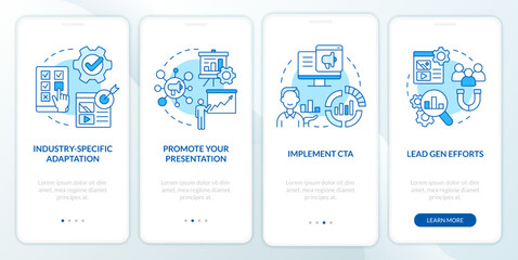 Wall Mural - Marketing case study blue onboarding mobile app screen. Business walkthrough 4 steps editable graphic instructions with linear concepts. UI, UX, GUI template. Myriad Pro-Bold, Regular fonts used