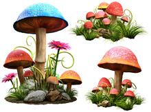 Fantasy Mushroom Groups 3D Illustrations