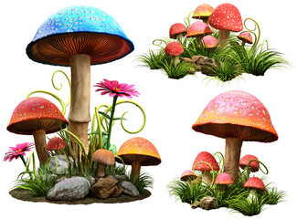 Wall Mural - Fantasy mushroom groups 3D illustrations