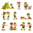 Cute kids scouts. Children in touristic clothes. Summer camping. Adventures organization. Nature explorers. Boys and girls put up tent. Teenagers cooking on campfire. Splendid vector set