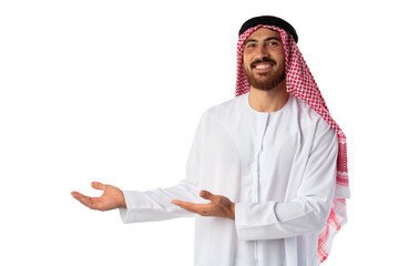 Wall Mural - Young Arab man pointing hand isolated on white background