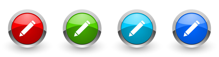 Leinwandbilder - Pencil web icons, set of silver metallic round buttons isolated on white background