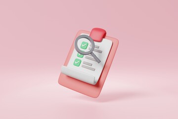 Minimal clipboard with correct mark checklist, magnifier pink background. Business assignment task list successfully completed tick checkbox report, Project planning management concept. 3d rendering