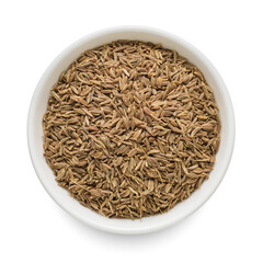 Wall Mural - Caraway seed seasoning in white bowl isolated on white. Top view.