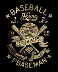 Vintage baseball tournament champs vector artwork for boy sport wear shirt grunge effect in separate layer 