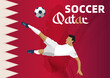 Fussball Plakat Qatar, Dynamischer Spieler vor rotem Hintergrund mit Fussball, Bicycle Kick