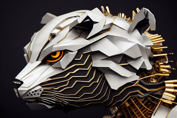 Сlose-up of futuristic mechanical tiger. Abstract tiger portrait. Steampunk style animal. 3d illustration