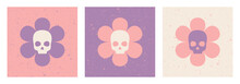 A Set Of Posters With A Skull Flower. Groove Vintage Halloween Posters With Texture